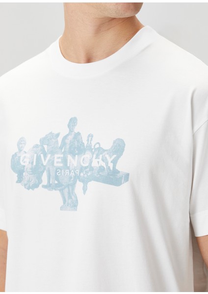 Beyaz Mavi Baskılı T-Shirt