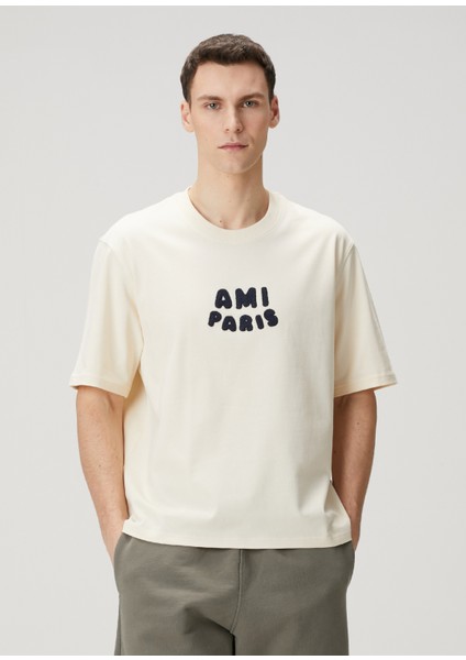 Kırık Beyaz Logo Detaylı Organik Pamuk T-Shirt