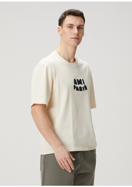 Kırık Beyaz Logo Detaylı Organik Pamuk T-Shirt modelleri