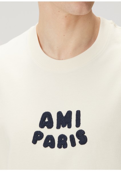 Kırık Beyaz Logo Detaylı Organik Pamuk T-Shirt indirimleri