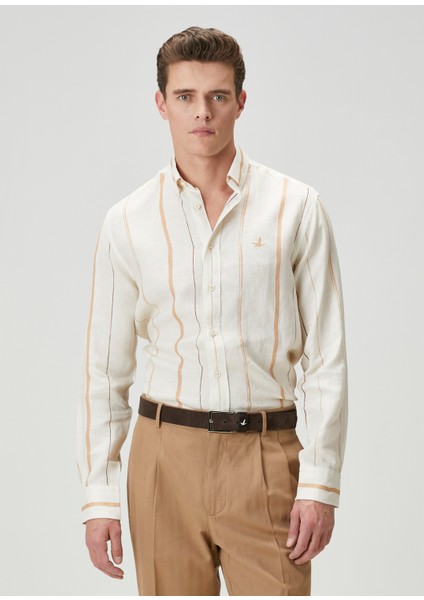 Comfort Fit Krem Çizgi Desenli Keten Gömlek