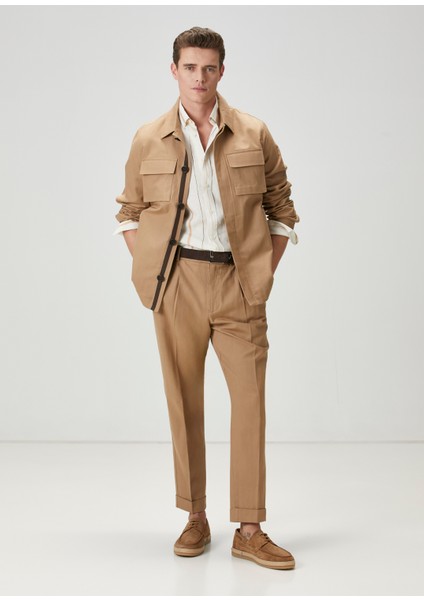 Comfort Fit Krem Çizgi Desenli Keten Gömlek modelleri