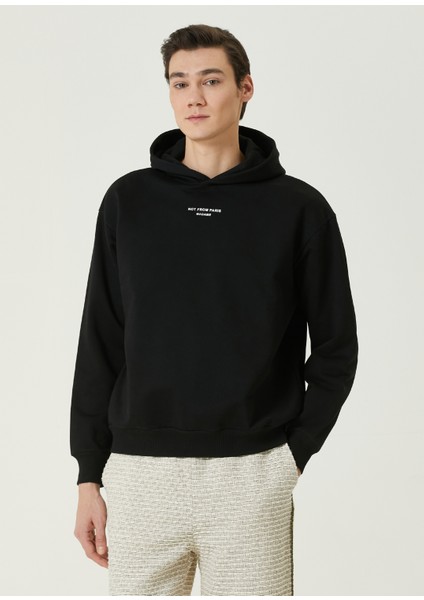 Siyah Kapüşonlu Slogan Baskılı Sweatshirt