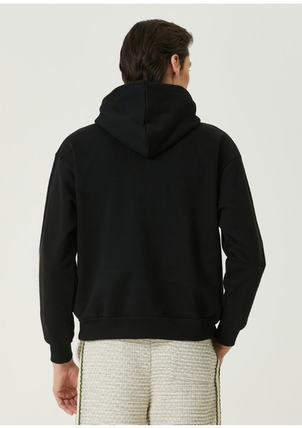 Siyah Kapüşonlu Slogan Baskılı Sweatshirt