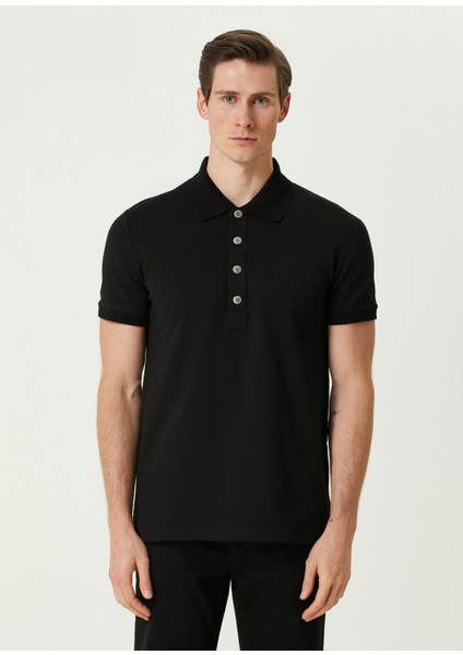 Siyah Polo Yaka Logo Jakarlı T-Shirt