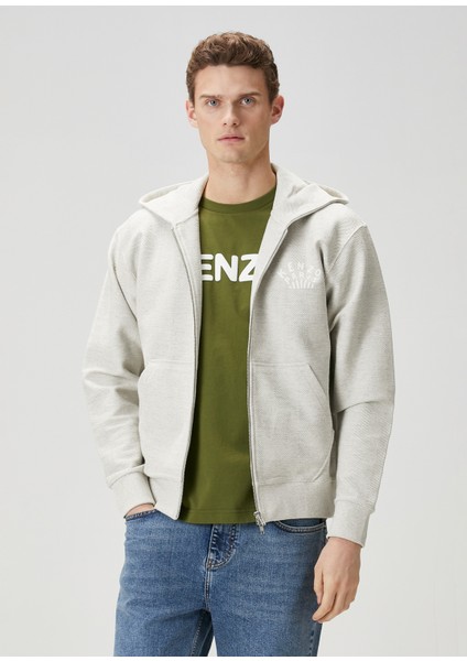 Açık Gri Kapüşonlu Logo Baskılı Sweatshirt
