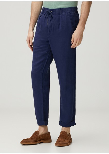 Lacivert Beli Kordonlu Keten Pantolon