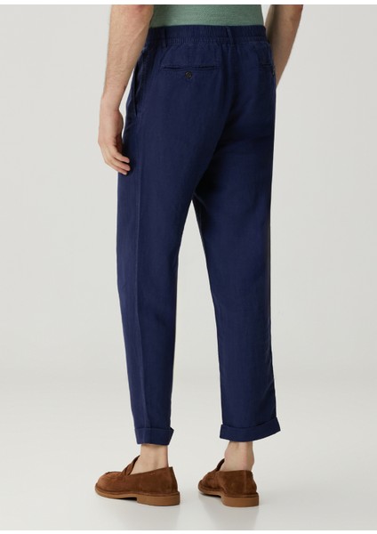 Lacivert Beli Kordonlu Keten Pantolon