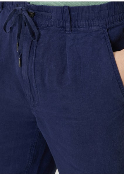 Lacivert Beli Kordonlu Keten Pantolon