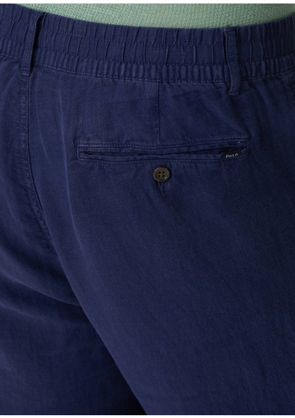 Lacivert Beli Kordonlu Keten Pantolon