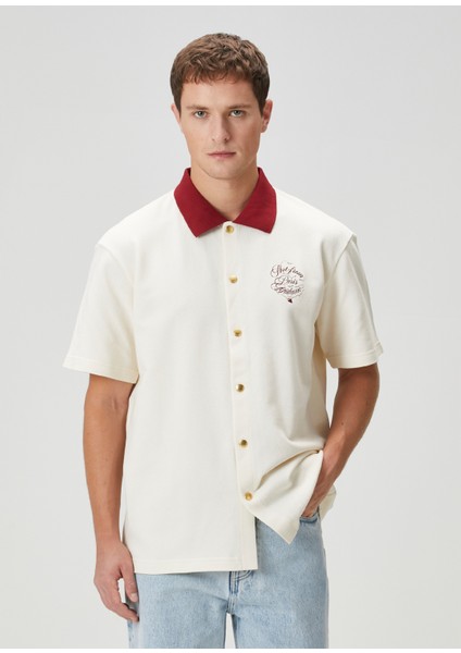 Relaxed Fit Slogan Vignes Krem Kısa Kollu Gömlek