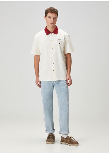 Relaxed Fit Slogan Vignes Krem Kısa Kollu Gömlek