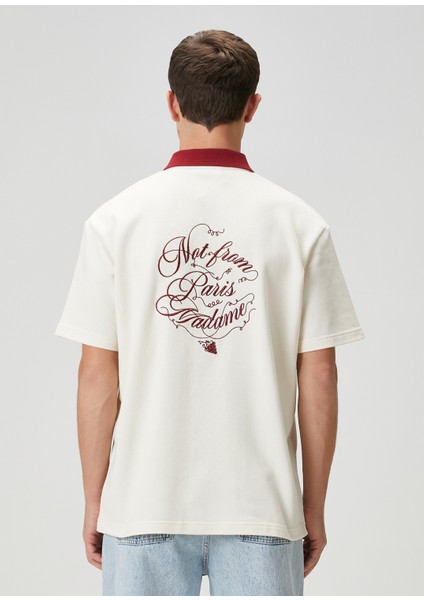 Relaxed Fit Slogan Vignes Krem Kısa Kollu Gömlek