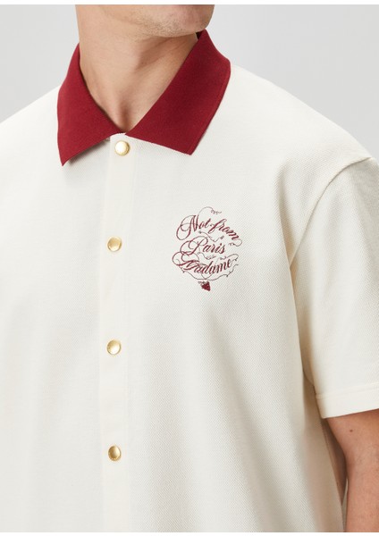 Relaxed Fit Slogan Vignes Krem Kısa Kollu Gömlek