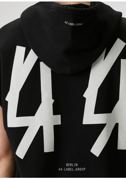 Siyah Kapüşonlu Logo Detaylı Kolsuz Sweatshirt