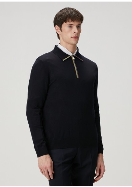 Lacivert Polo Yaka Merino Triko