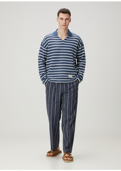 Relaxed Straight Fit Lacivert Beyaz Keten Pantolon