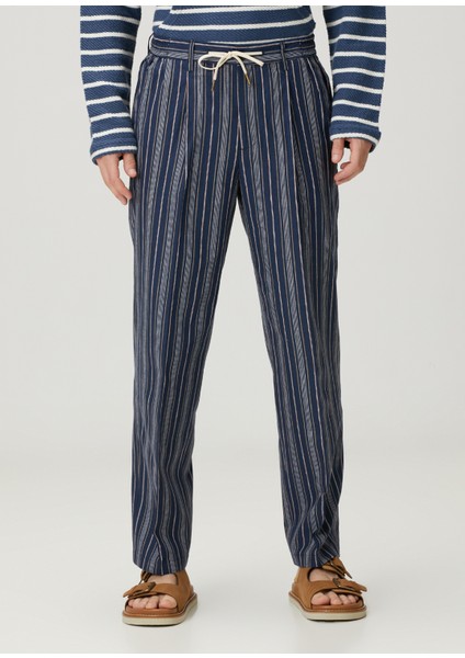 Relaxed Straight Fit Lacivert Beyaz Keten Pantolon fiyatları