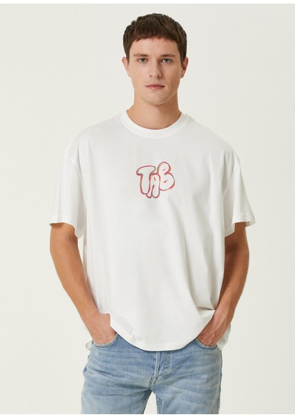 Frog Beyaz Baskılı Oversize Kısa Kollu Erkek T-Shirt