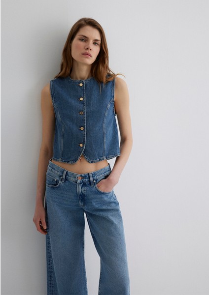 Nini Gold Premium Vintage Koyu Mavi Jean Yelek 1110688-90154