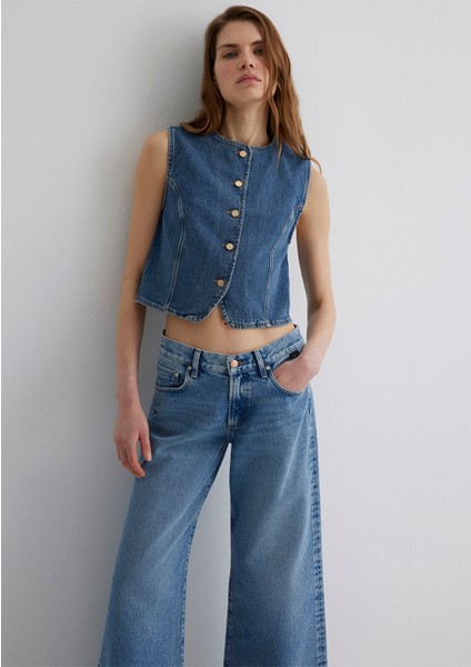 Nini Gold Premium Vintage Koyu Mavi Jean Yelek 1110688-90154
