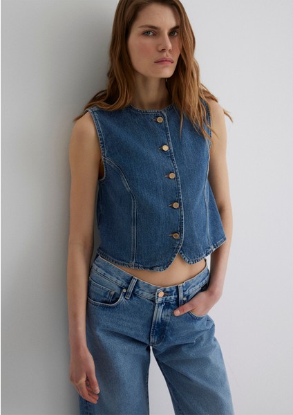 Nini Gold Premium Vintage Koyu Mavi Jean Yelek 1110688-90154