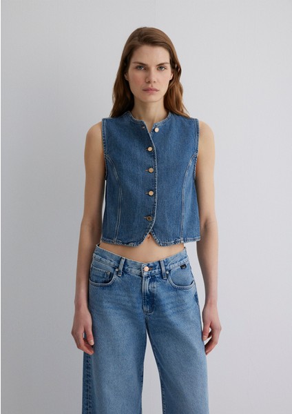 Nini Gold Premium Vintage Koyu Mavi Jean Yelek 1110688-90154