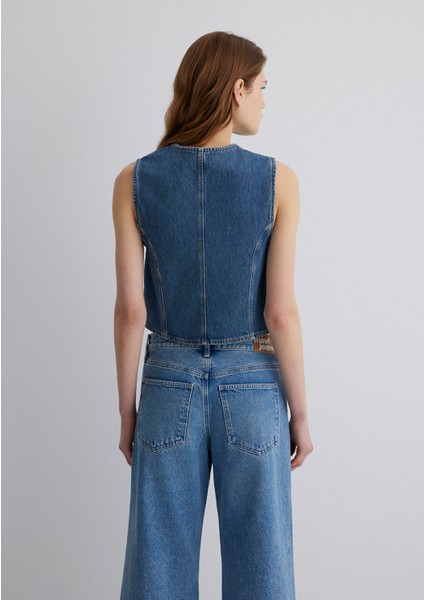 Nini Gold Premium Vintage Koyu Mavi Jean Yelek 1110688-90154