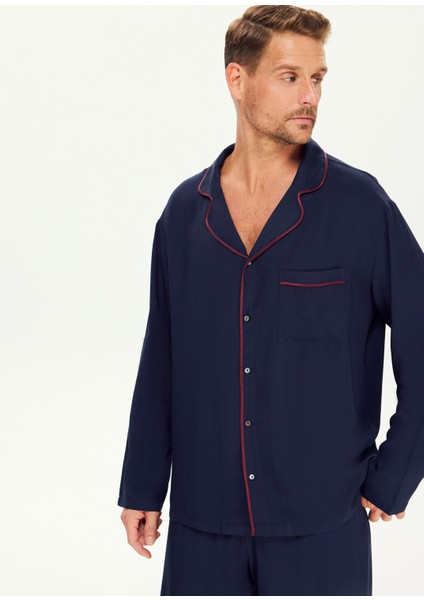 Indigo Lacivert Ekstra Yumuşak Viskon Biyeli Erkek Pijama Takımı