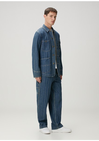Mavi Çizgi Desenli Denim Ceket
