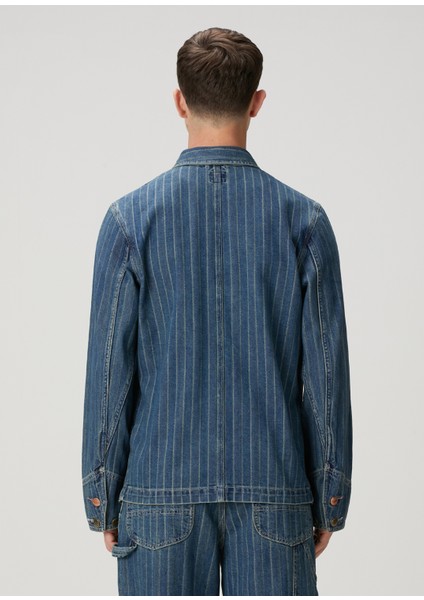 Mavi Çizgi Desenli Denim Ceket