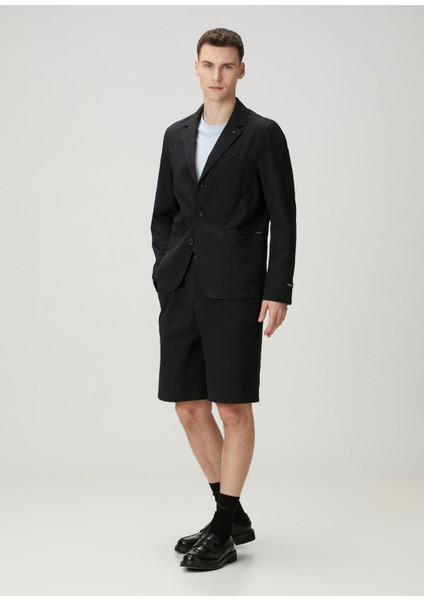 Loose Fit Siyah Beli Kordonlu Gofreli Bermuda