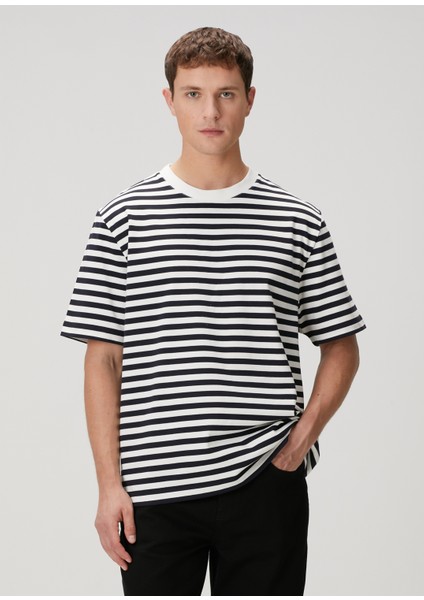 Lacivert Beyaz Çizgi Desenli Oversized T-Shirt