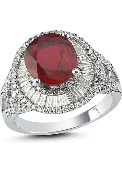Oval Yakutlu Pırlanta Taşlı 18 Ayar White Gold Kadın Altın Yüzük
