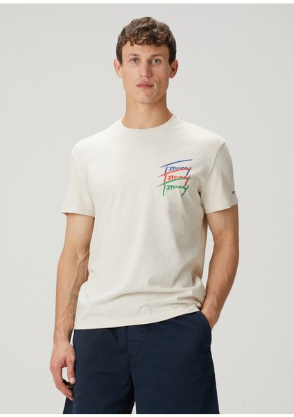 Regular Fit Bej Logo Baskılı T-Shirt