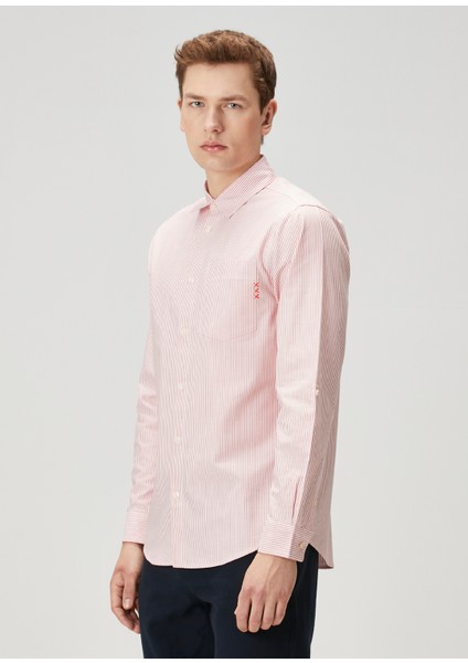 Regular Fit Kırmızı Beyaz Çizgili Oxford Gömlek modelleri