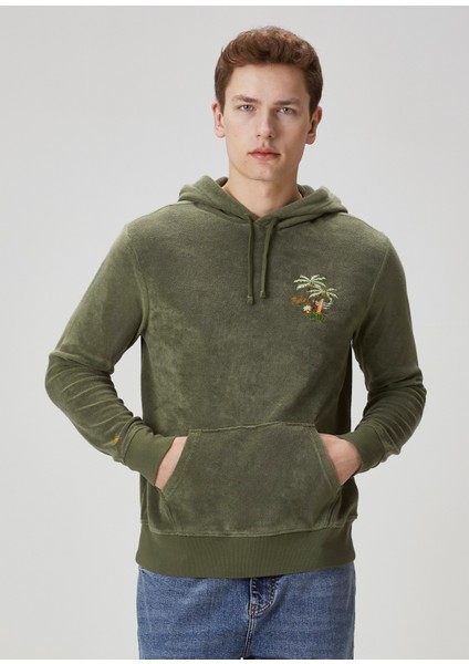 Haki Kapüşonlu Logo Nakışlı Sweatshirt