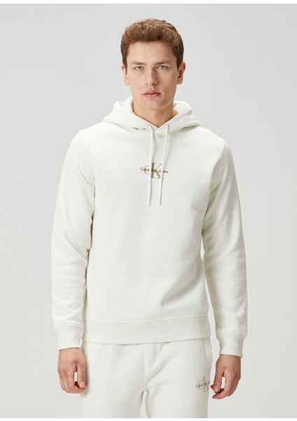 Fildişi Kapüşonlu Logo Nakışlı Sweatshirt