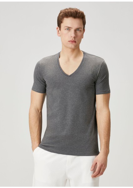 2li Koyu Gri V Yaka Basic T-Shirt