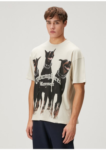 Ekru Figür Baskılı Logo Detaylı T-Shirt modelleri