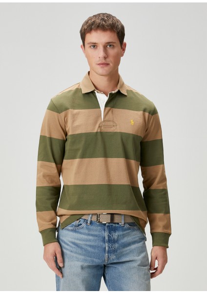 Haki Bej Polo Yaka Çizgi Desenli Sweatshirt
