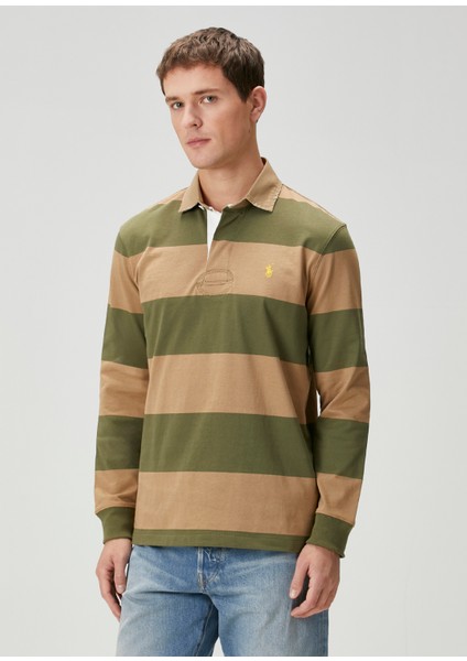 Haki Bej Polo Yaka Çizgi Desenli Sweatshirt modelleri
