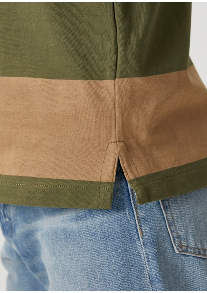 Haki Bej Polo Yaka Çizgi Desenli Sweatshirt
