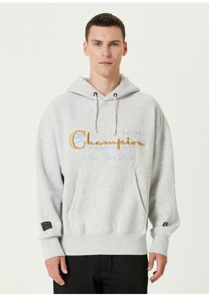 Gri Kapüşonlu Logo Nakışlı Sweatshirt