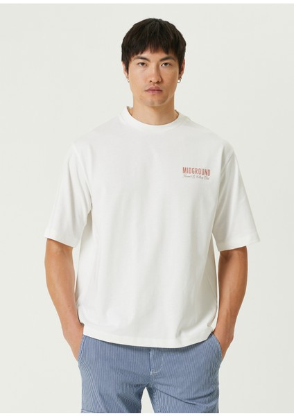 Racquet Club Baskılı Kırık Beyaz Oversize Kısa Kollu Erkek T-Shirt