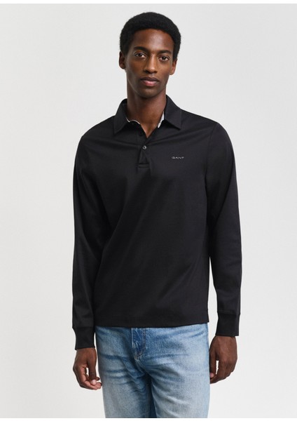 Siyah Polo Yaka Regular Fit Uzun Kollu Erkek T-Shirt