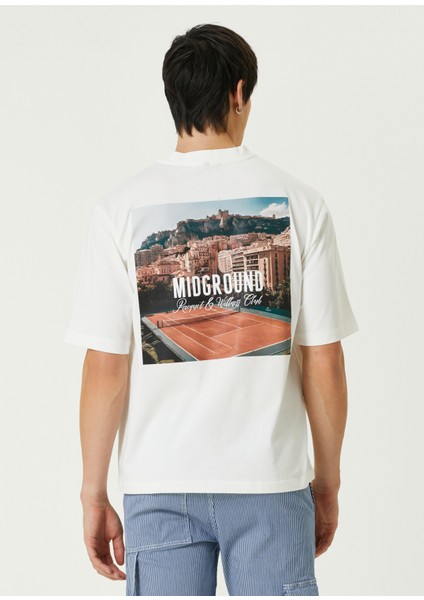 Racquet Club Baskılı Kırık Beyaz Oversize Kısa Kollu Erkek T-Shirt fırsatları