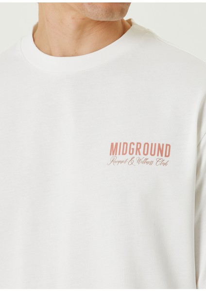 Racquet Club Baskılı Kırık Beyaz Oversize Kısa Kollu Erkek T-Shirt indirimleri