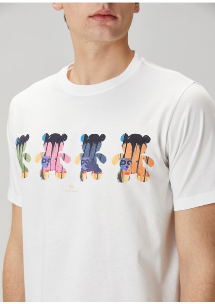 Beyaz Figür Baskılı Organik Pamuk T-Shirt indirimleri