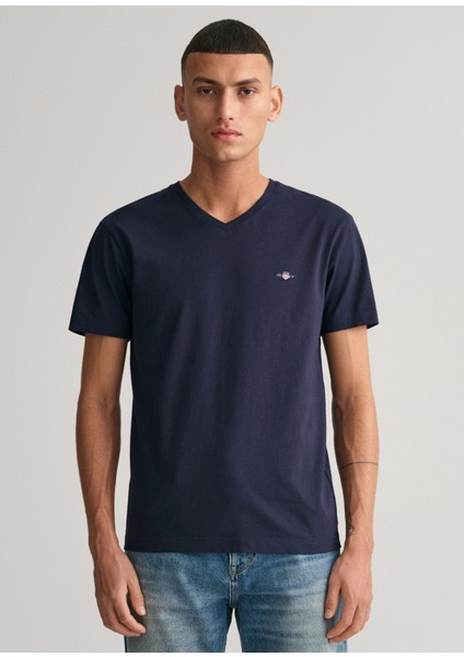 Lacivert V Yaka Slim Fit Kısa Kollu Erkek T-Shirt
